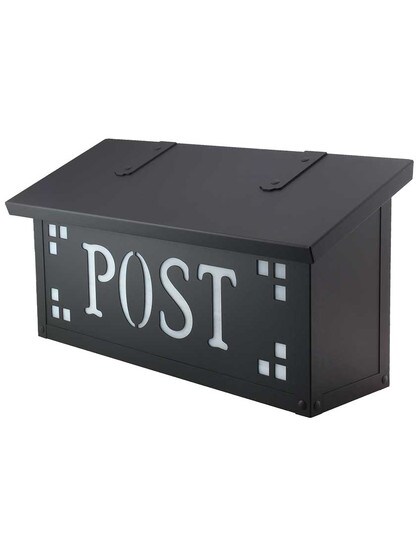 Pasadena Solid-Brass Horizontal Mailbox with Post Stencil and Decorative Glass in Textured Black/Wispy White Glass.